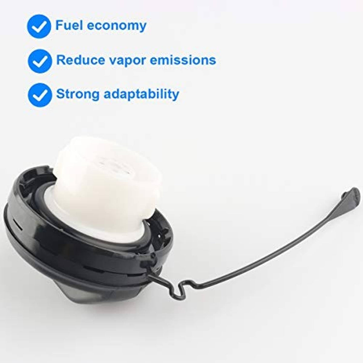 Black fuel cap assembly with white insert and tethered release handle