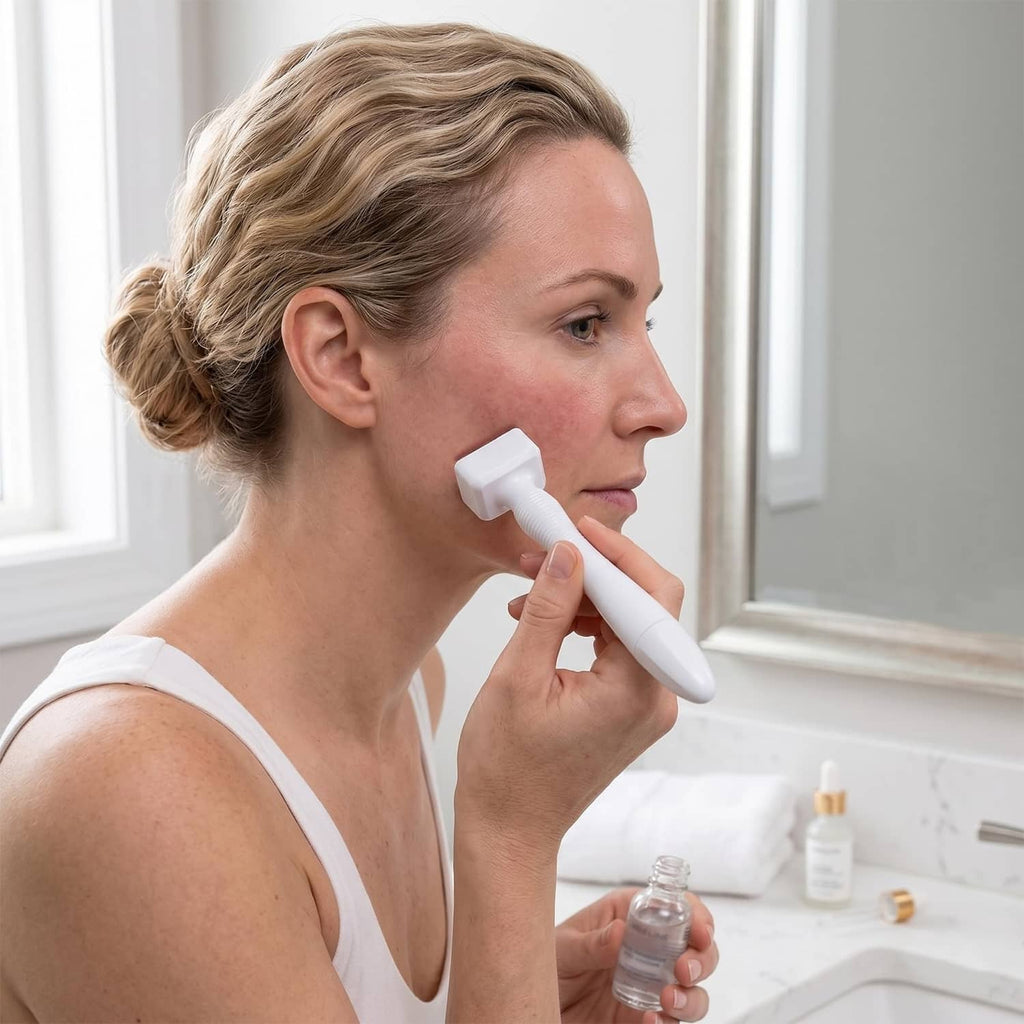 White microneedle dermastamp tool held near jawline
