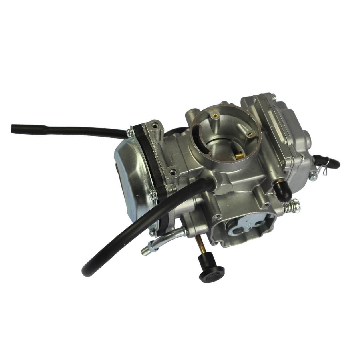 ATV carburetor assembly angled view with hoses and mounting bracket