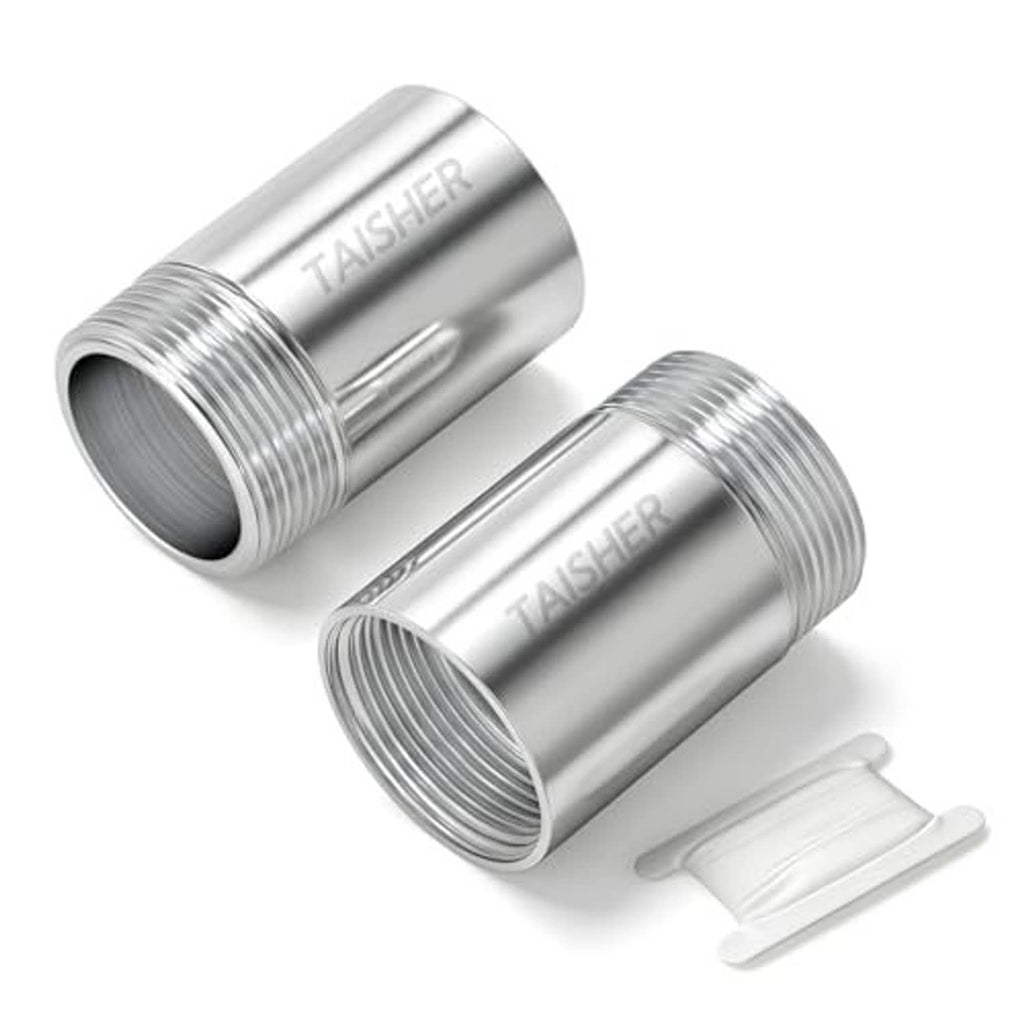 Two stainless steel threaded pipe fitting sleeves with NPT male/female connection ends