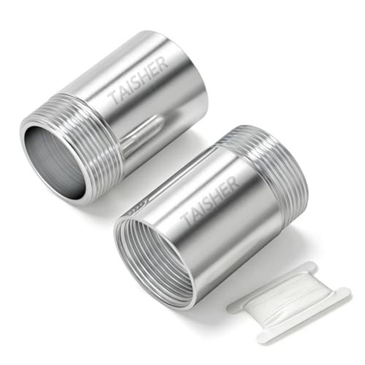 Two stainless steel threaded pipe fitting sleeves with NPT male/female connection ends