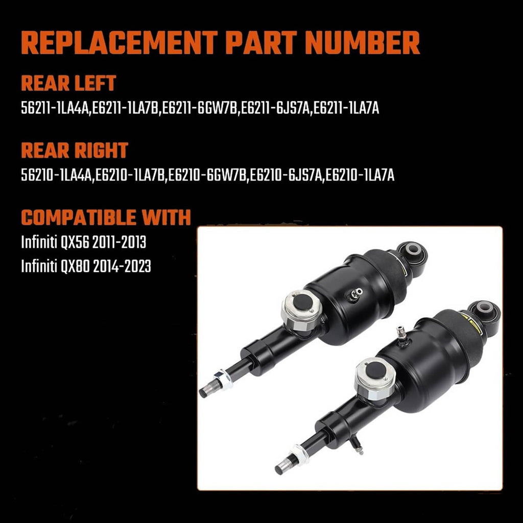 Rear left and rear right hydraulic air shock struts, black cylinders with rod ends