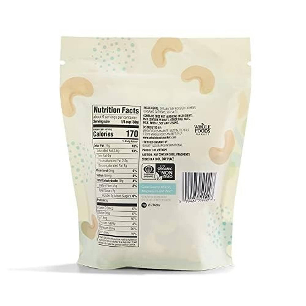 Organic dry roasted salted cashews stand-up pouch back with nutrition facts label