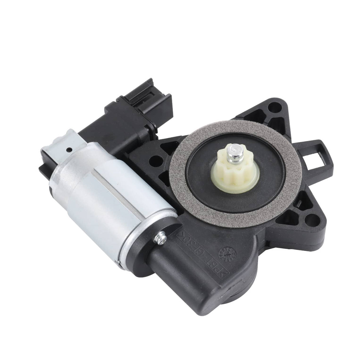 Power window regulator motor with silver cylinder and circular drive gear