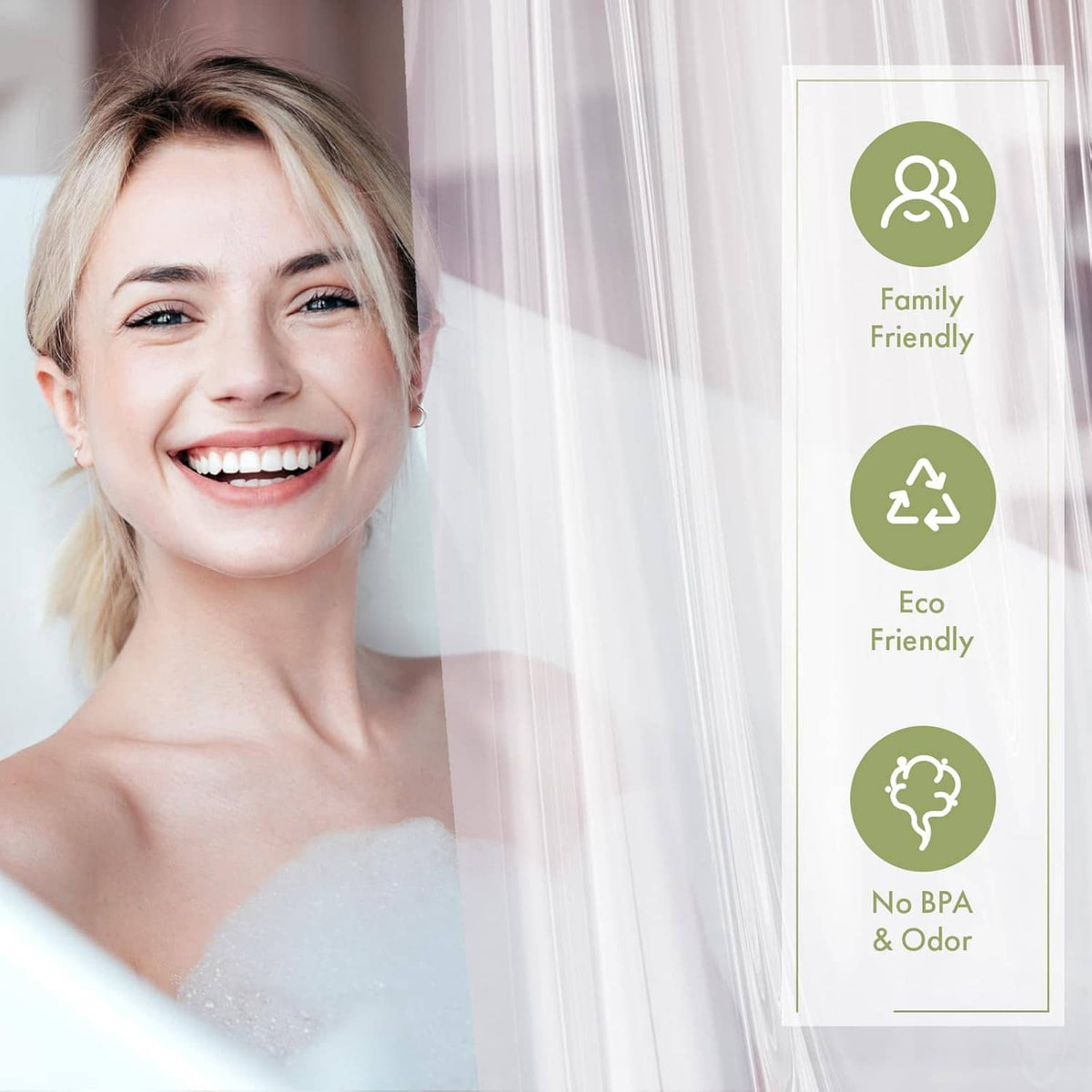 Clear shower curtain liner with printed eco and BPA-free style icons on fabric