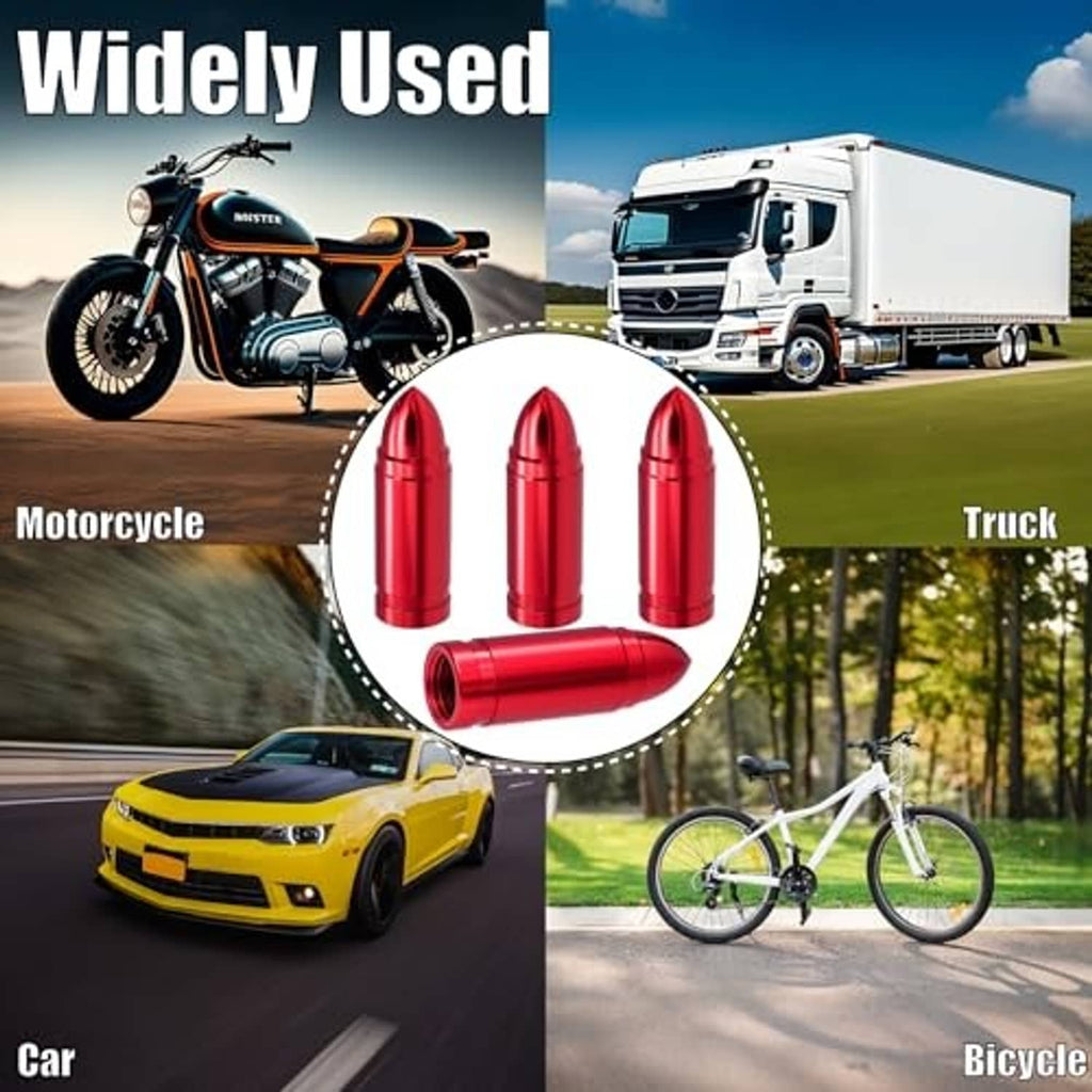 Red bullet tire valve stem caps centered in a circle with car and bike scenes