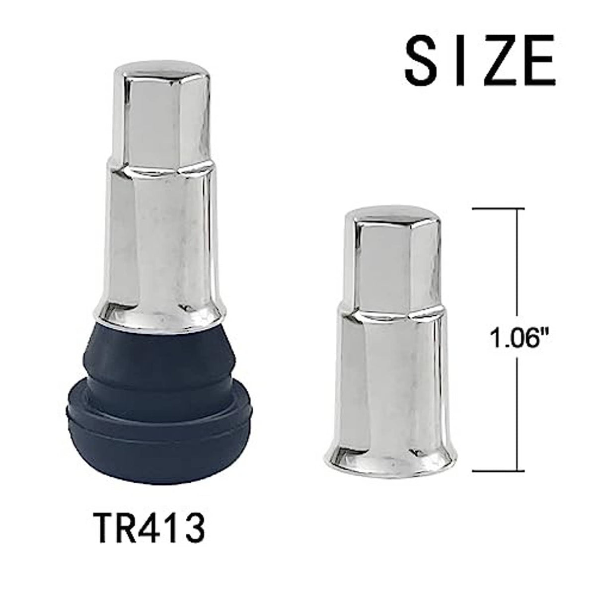Two chrome tire valve stem caps with black rubber base, 1.06 in height
