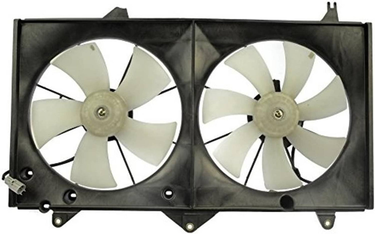 Engine cooling fan assembly front view with two white-blade fans in black frame