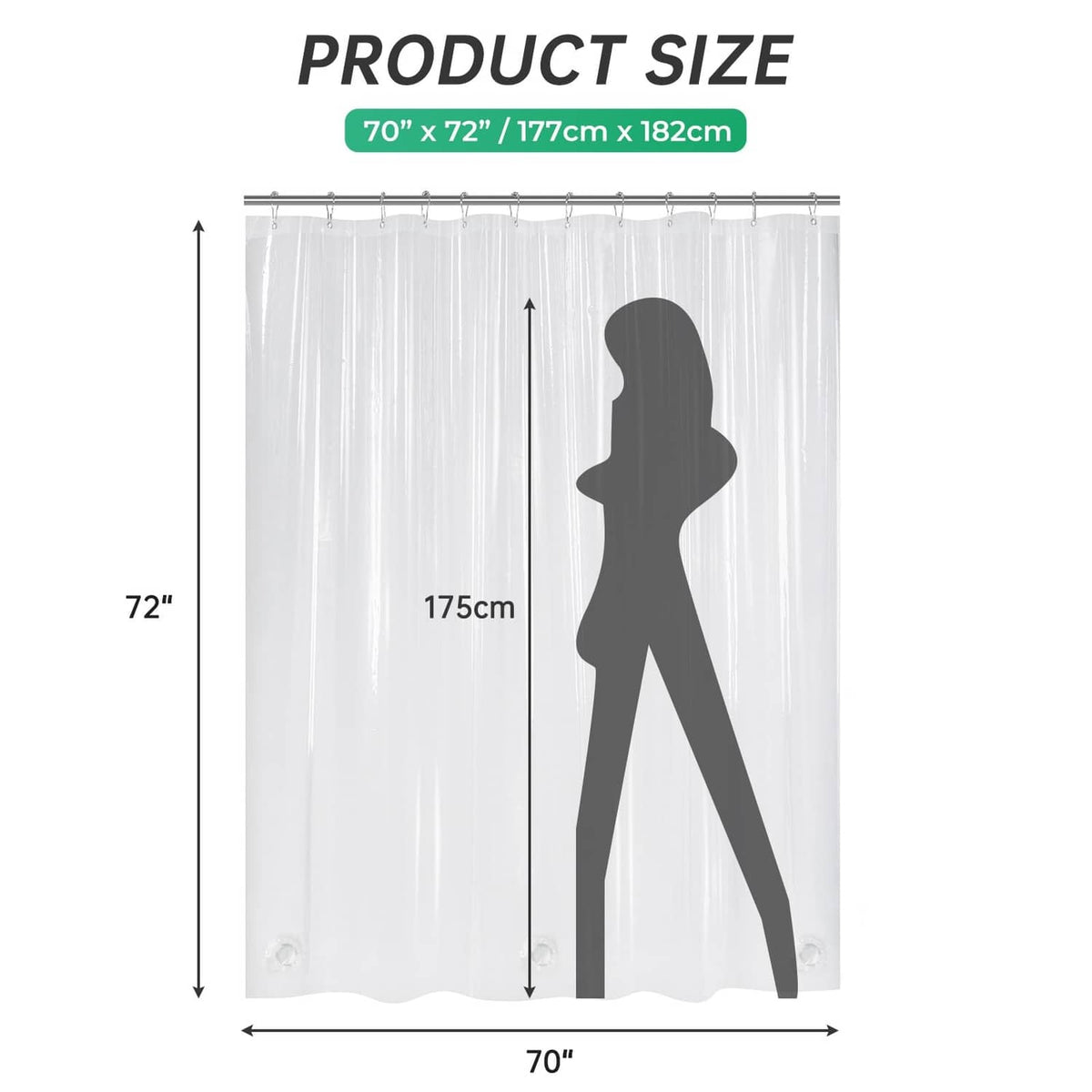 Clear plastic shower curtain liner size 70 x 72 inches with person outline