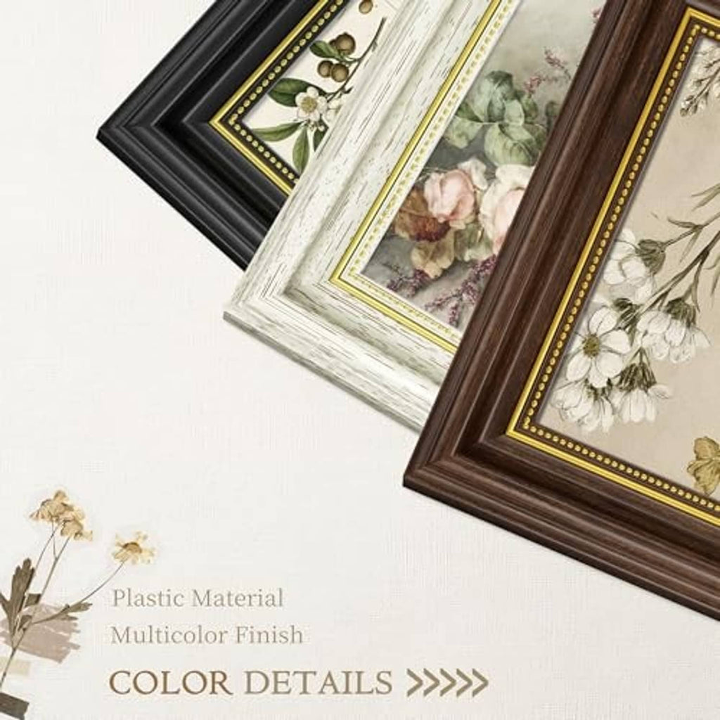 Angled vintage photo frames with distressed white, dark brown, and black finishes