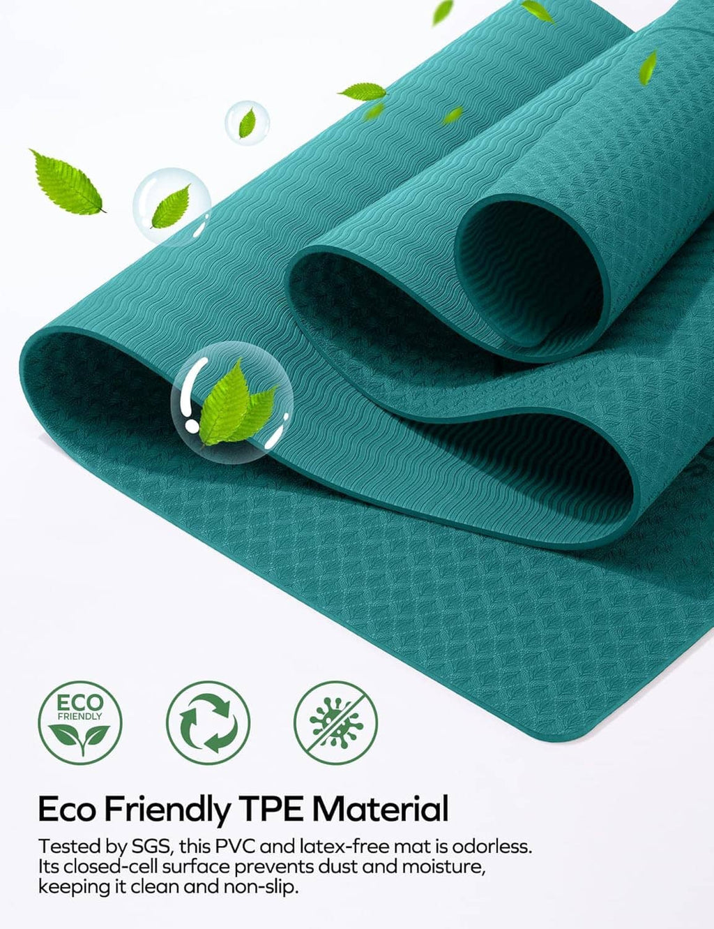 Teal eco-friendly TPE yoga mat with rolled edge, showing non-slip grippy texture