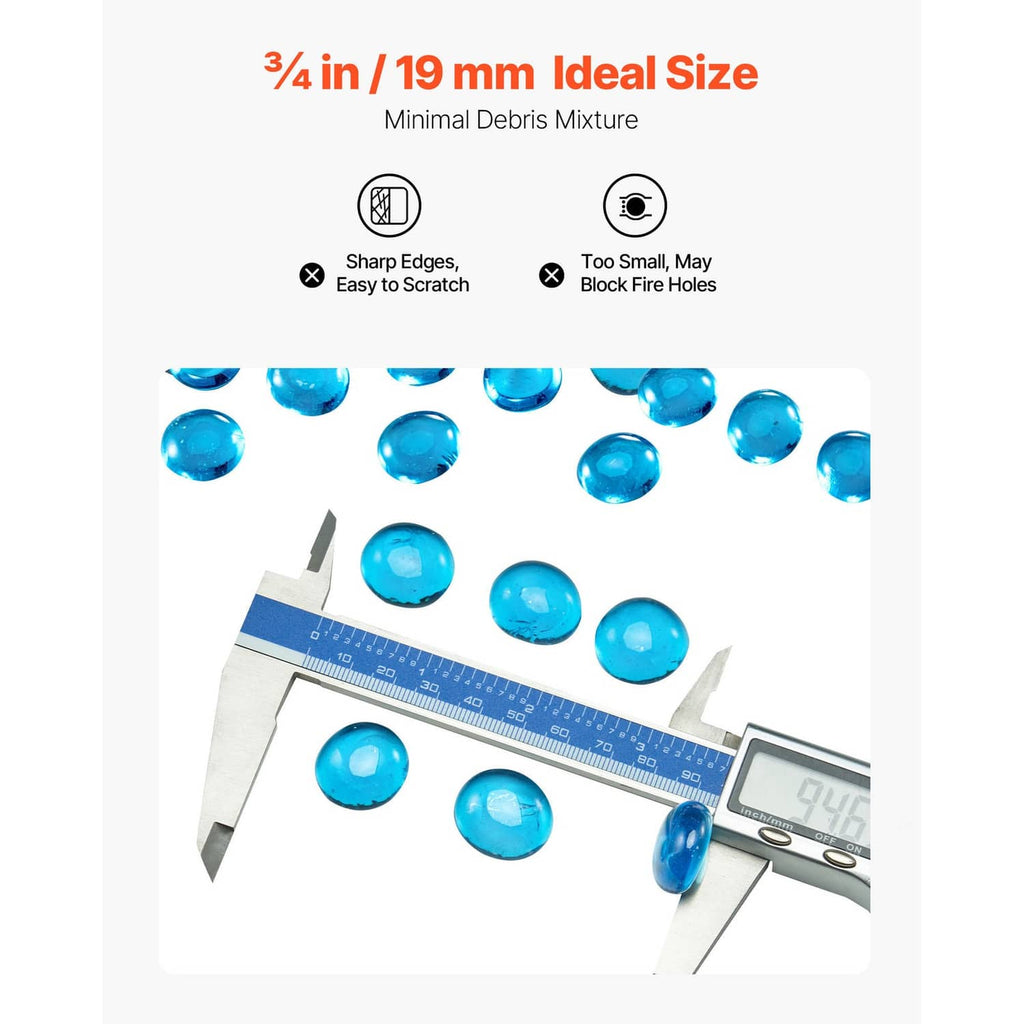 Caribbean blue 3/4-inch fire glass beads measured with a caliper tool