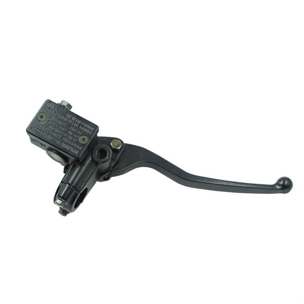 Black front brake master cylinder lever with reservoir block and threaded outlet