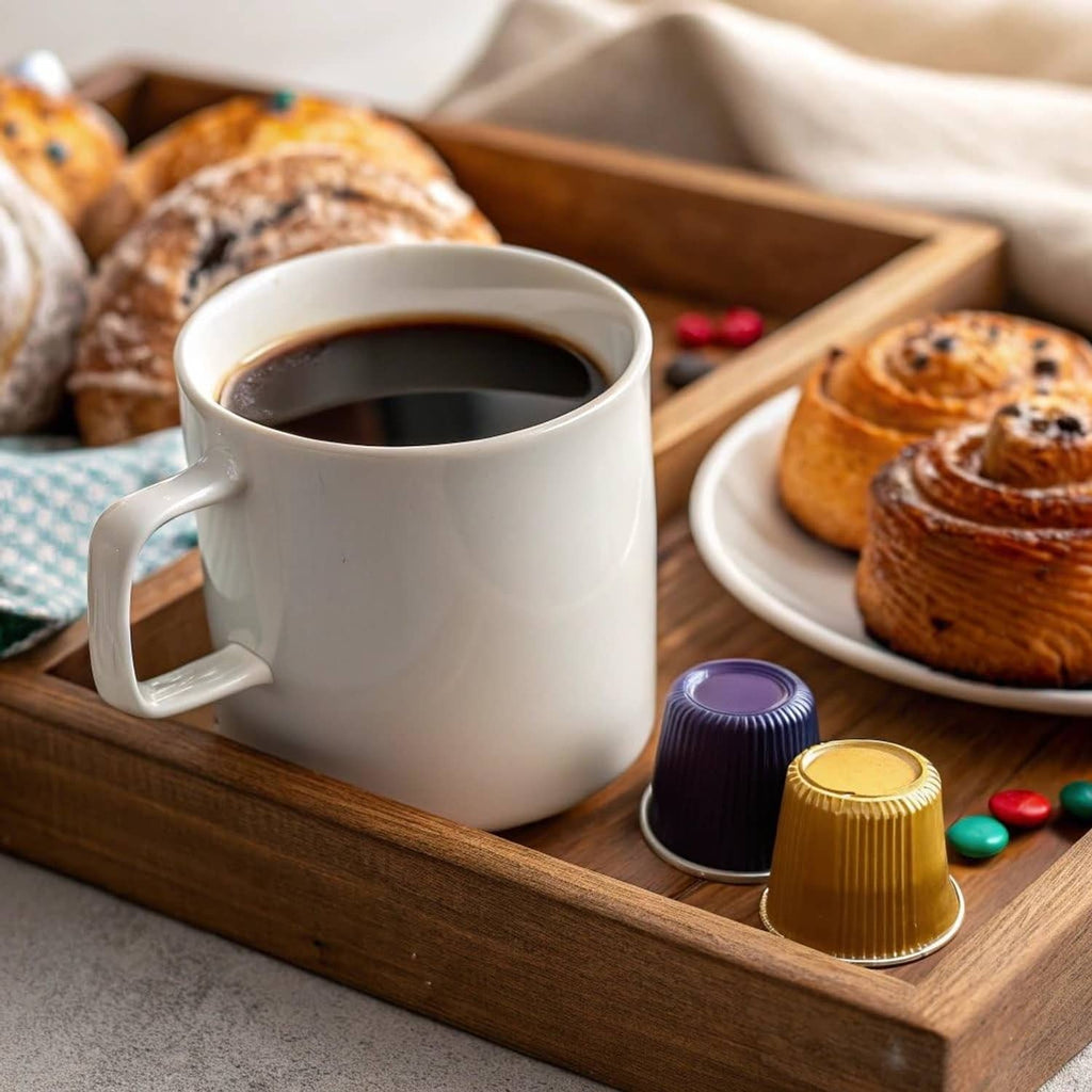 White coffee mug with espresso and assorted coffee pods