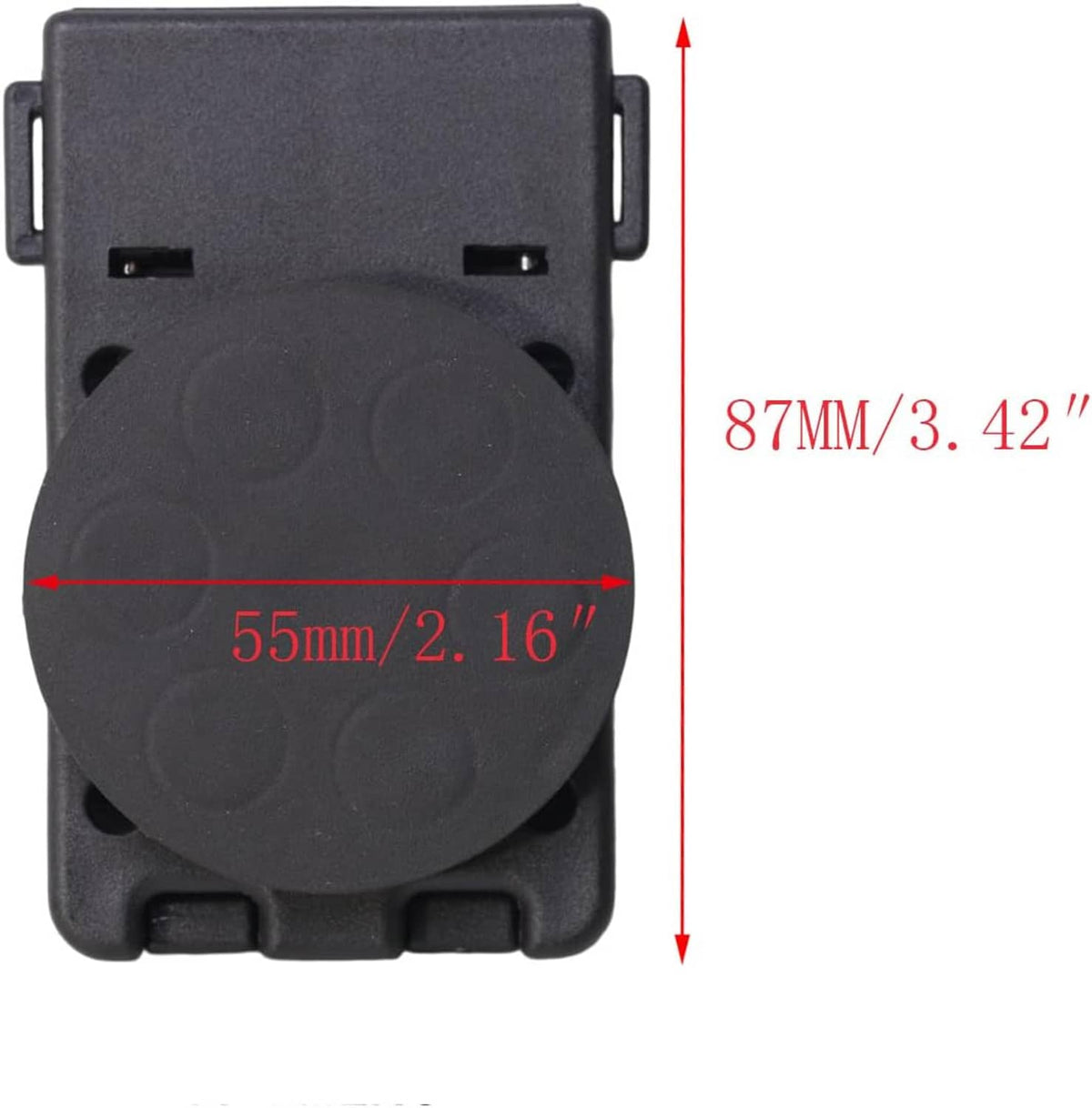 Black magnetic belt holster clip with circular magnet face, front close-up