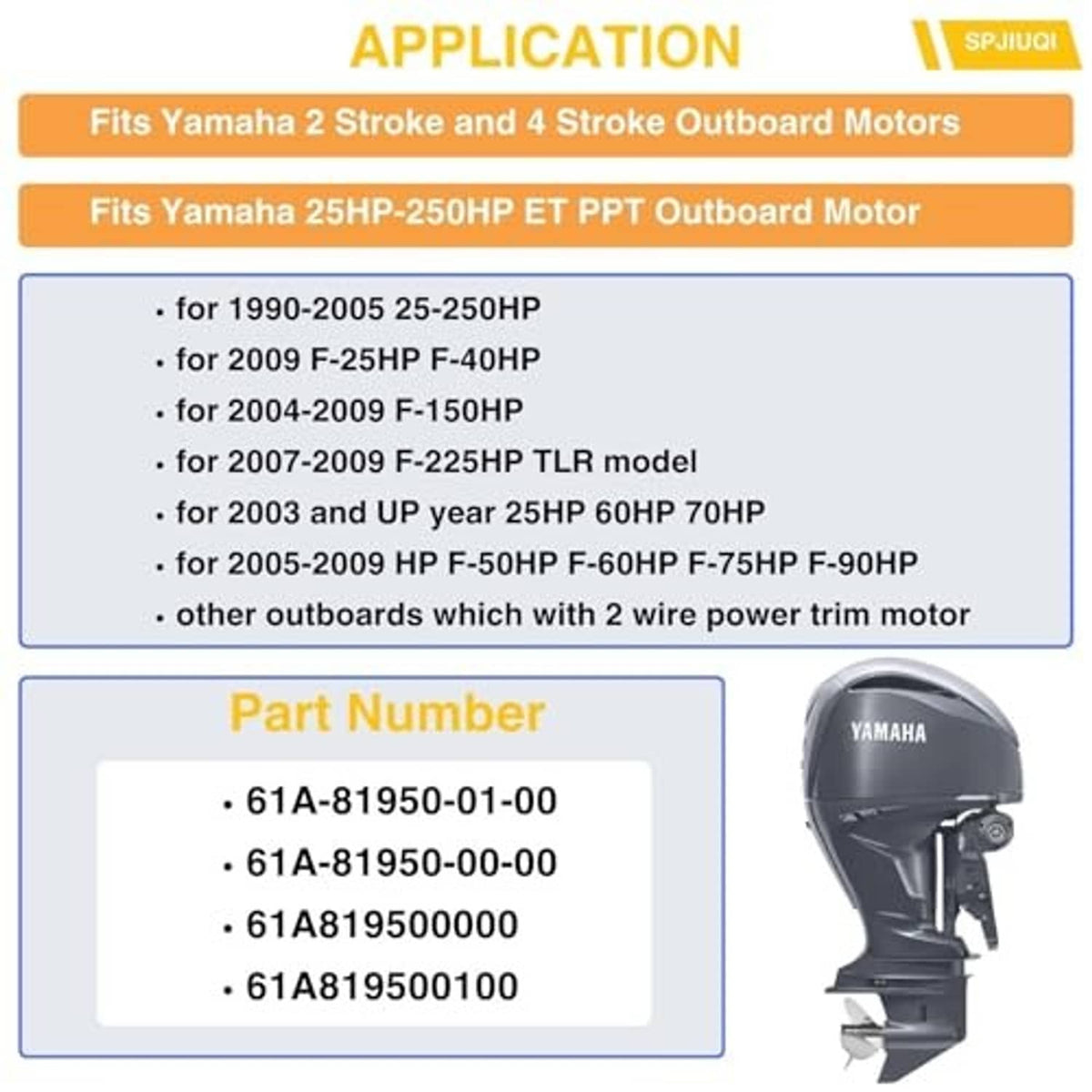 Yamaha outboard application chart for power trim tilt relay with part numbers