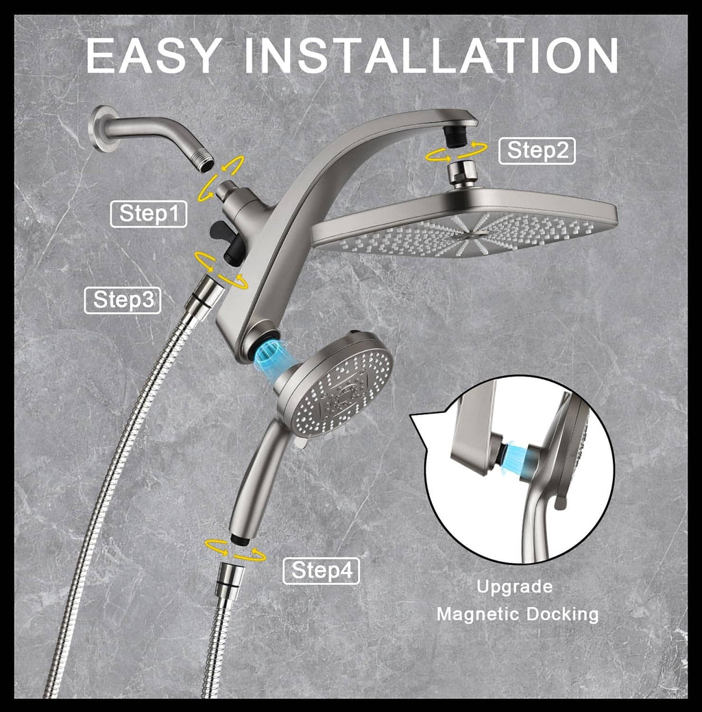 Nickel shower head with handheld sprayer and magnetic docking; installation steps shown