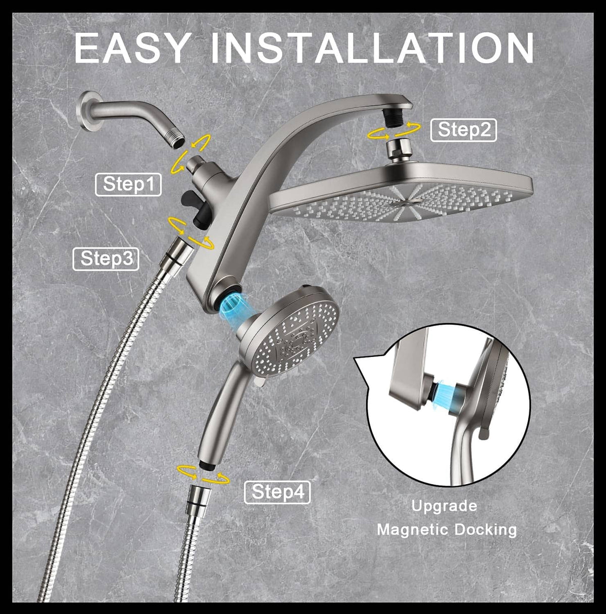 Nickel shower head with handheld sprayer and magnetic docking; installation steps shown
