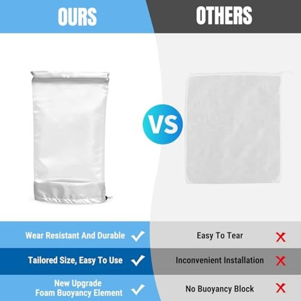 White pool vacuum filter bag shown in a comparison graphic