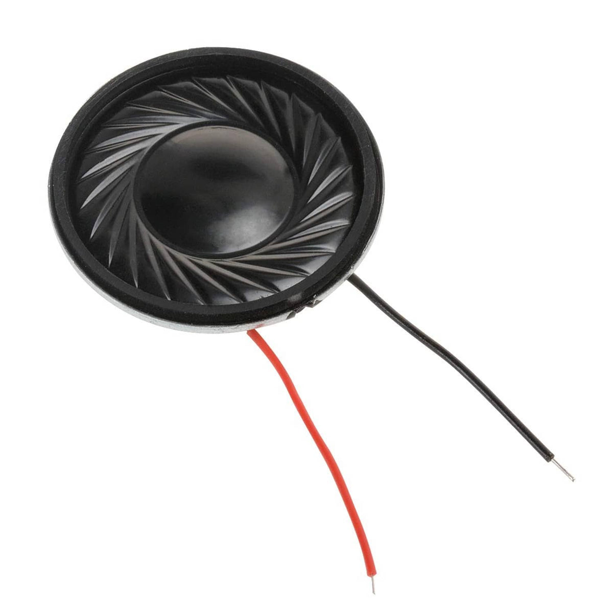 Black 28mm round micro speaker with spiral cone detail and red/black leads