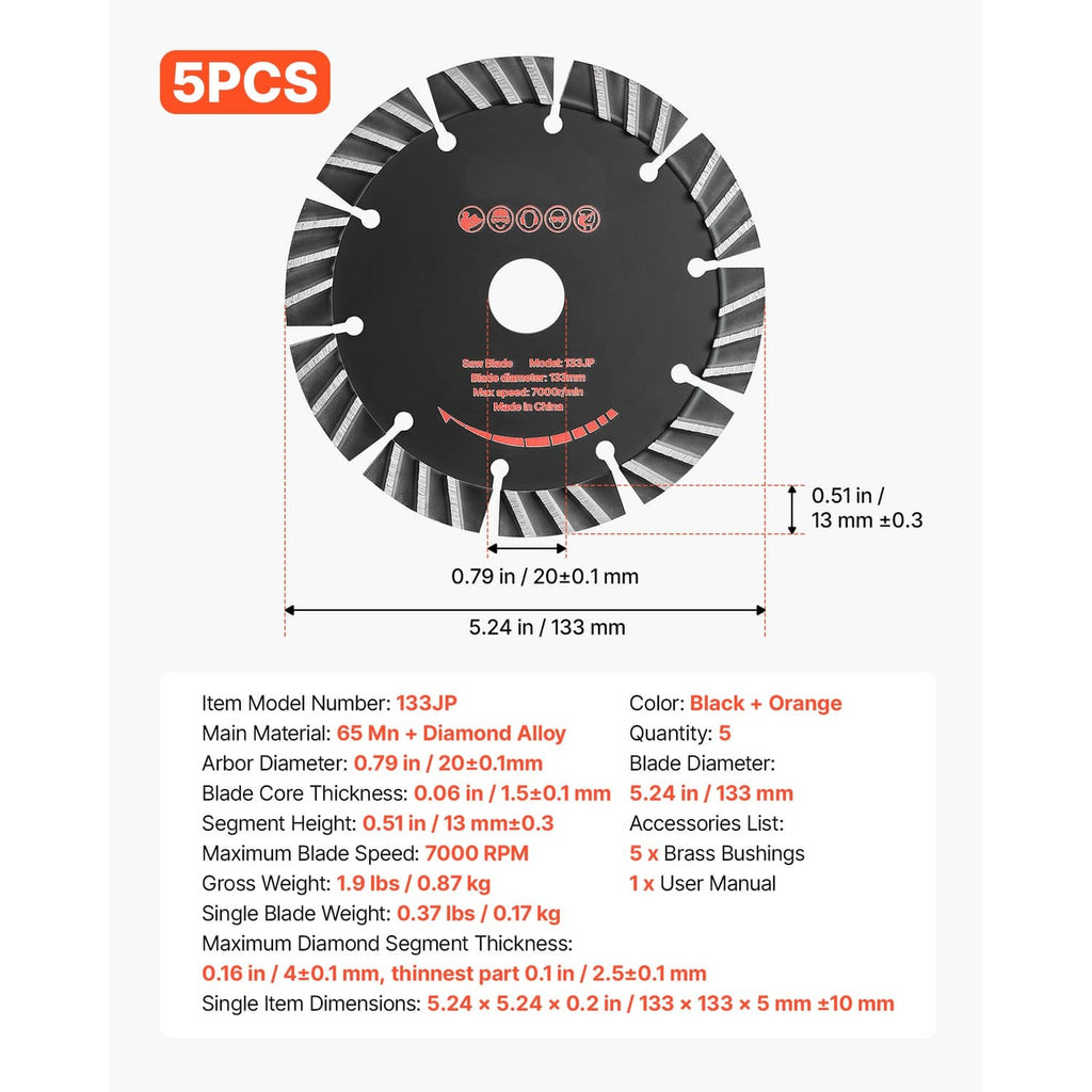 Diamond blade set size chart with 5.24 in diameter and 0.79 in arbor measurements