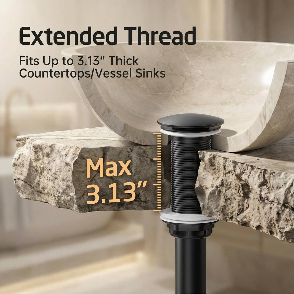 Matte black pop-up sink drain with extended thread for thick countertop installations