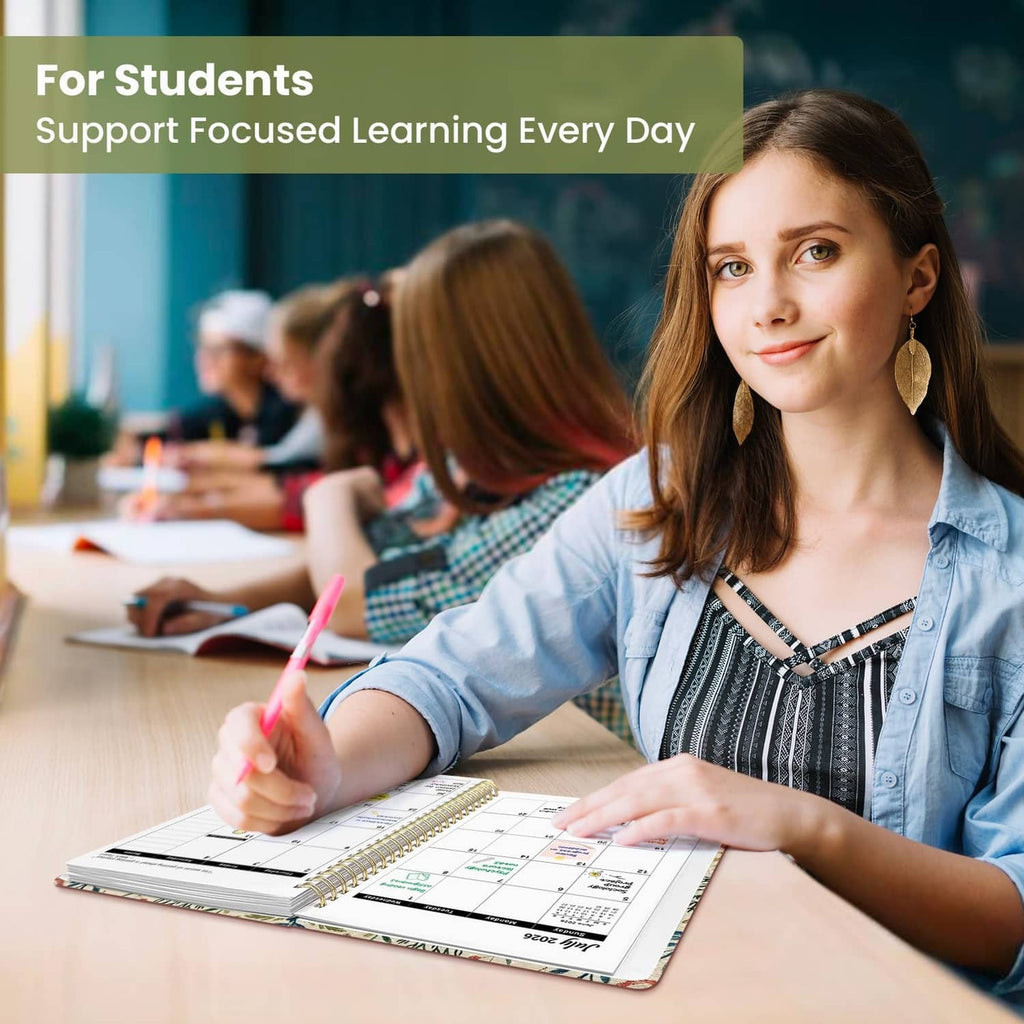 Taja Planner 2026-2027 student using open planner at a table
