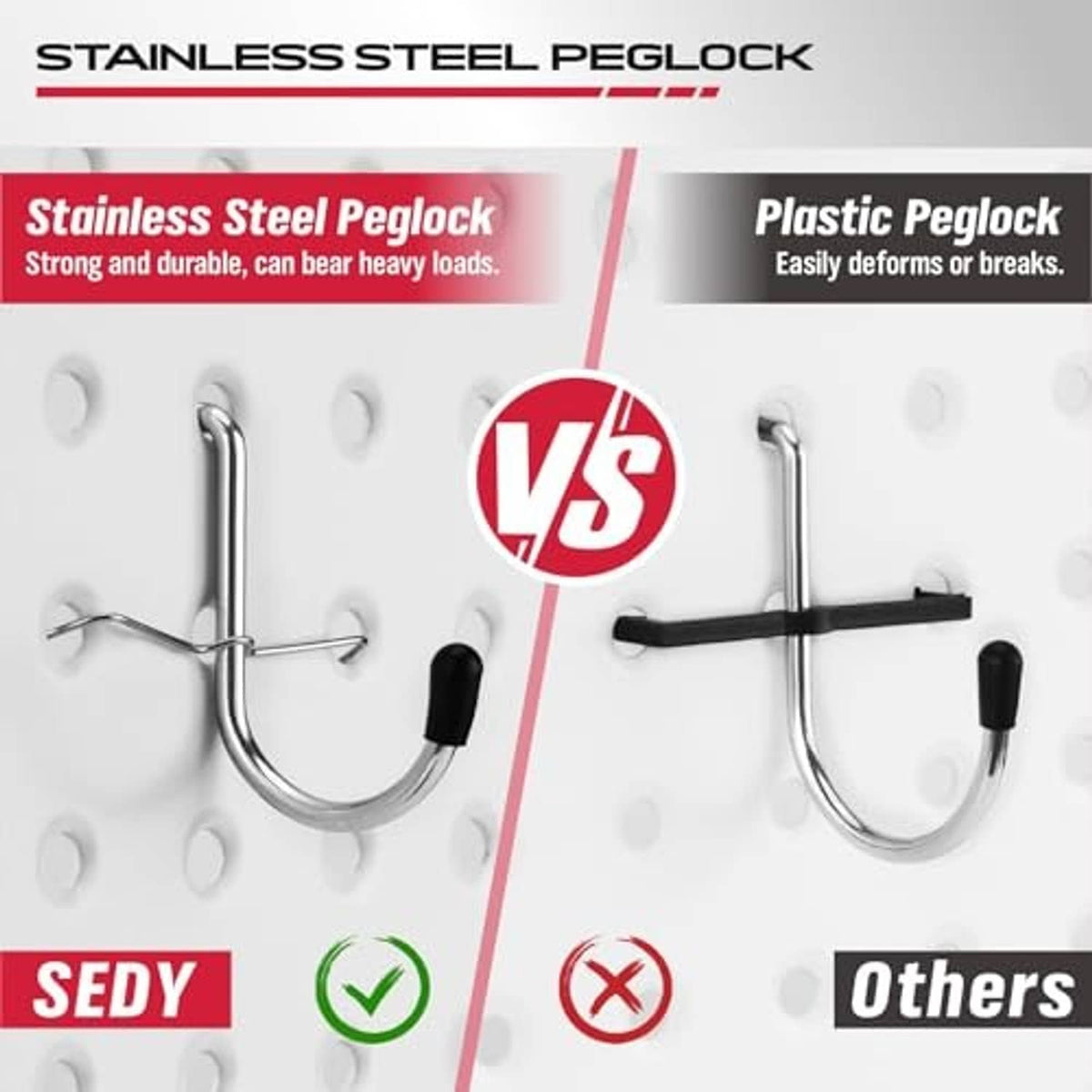 Pegboard hook set features graphic showing stainless steel hooks and one plastic hook
