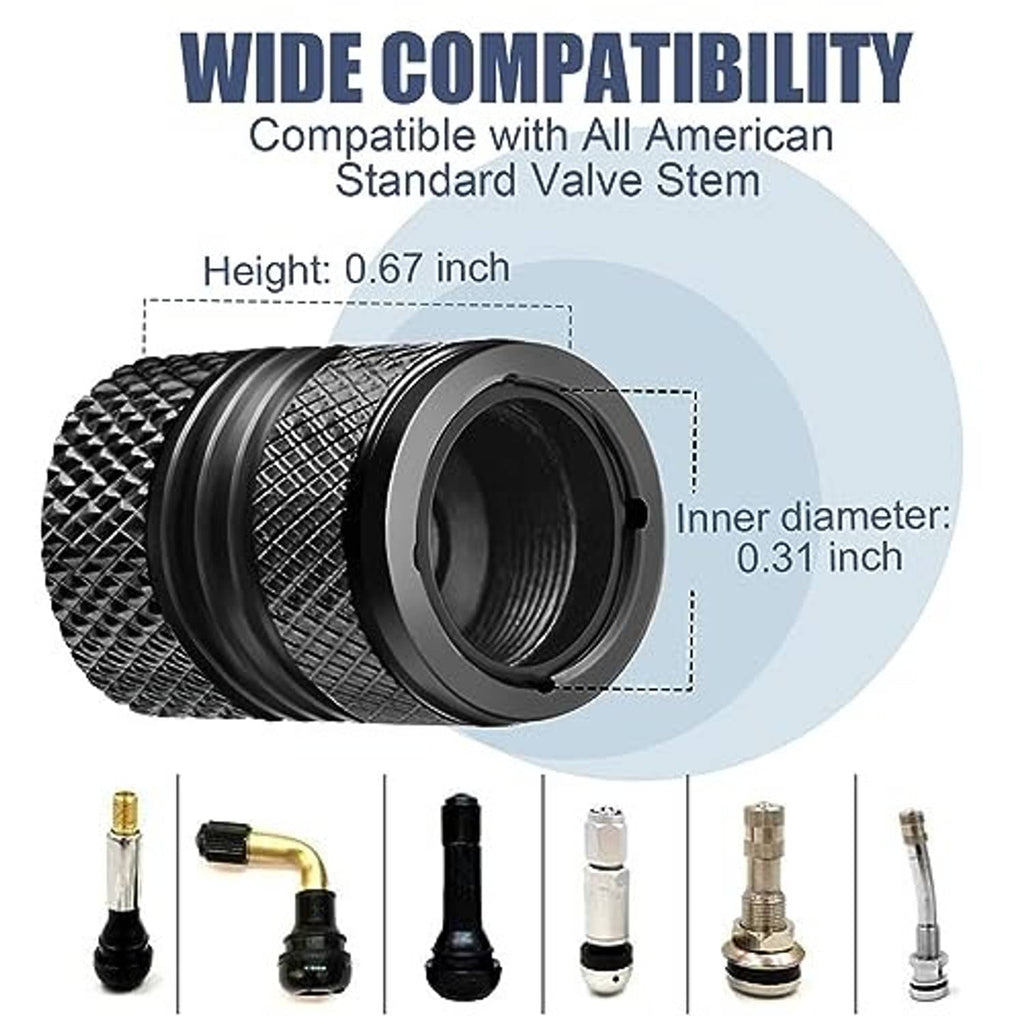 Black tire valve stem caps with paw-print badge and knurled grip, threaded insert