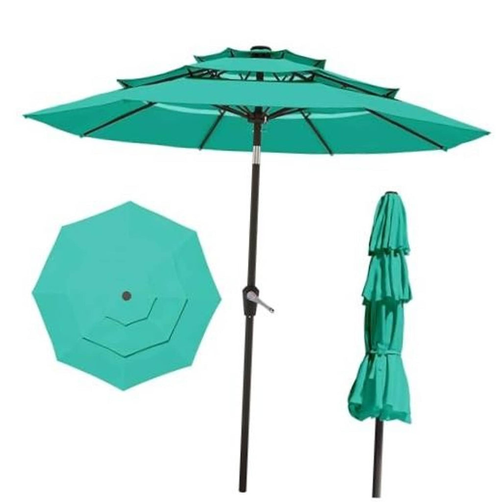 Turquoise three-tier patio market umbrella with vented canopy and straight pole