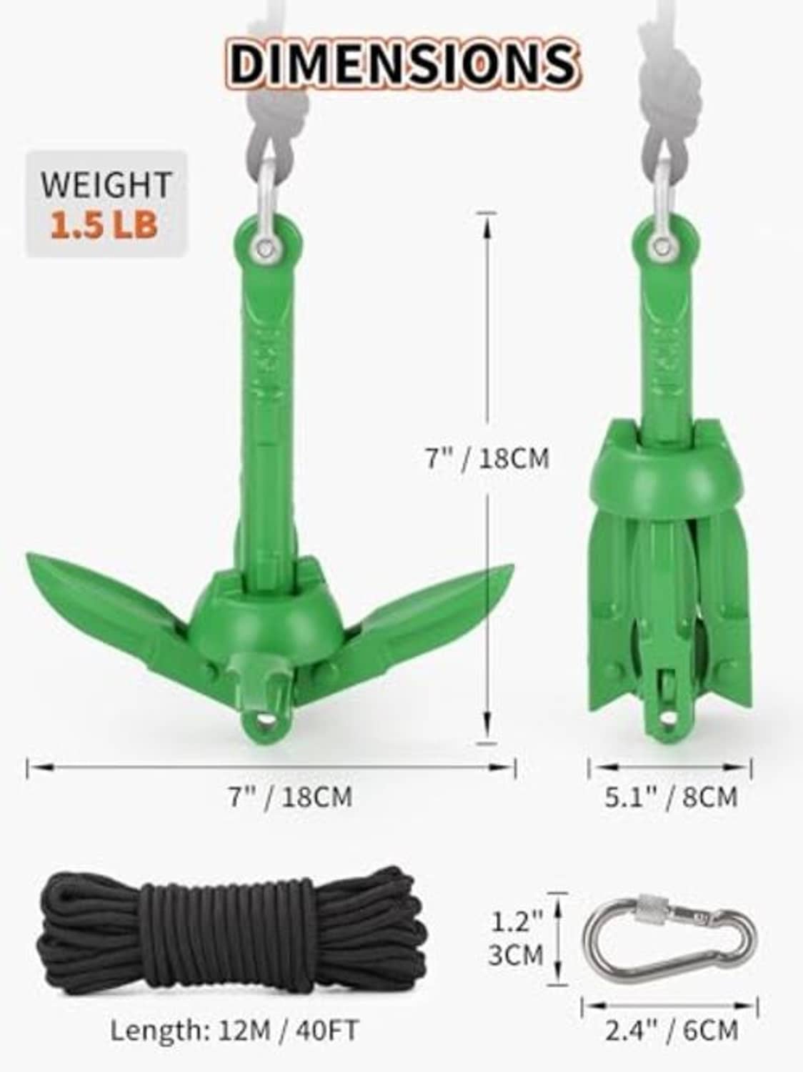 Green 1.5 lb folding grapnel anchor with 40 ft rope, carabiner, buoy ball and storage bag