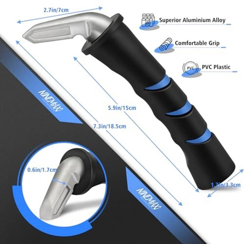 Car door handle assist grip, black rubber with blue trim bands on silver metal pull