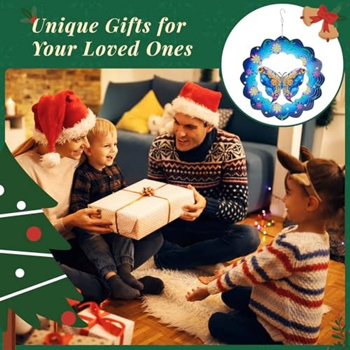 Butterfly wind spinner gift featuring blue butterfly center and colorful layered metal petals