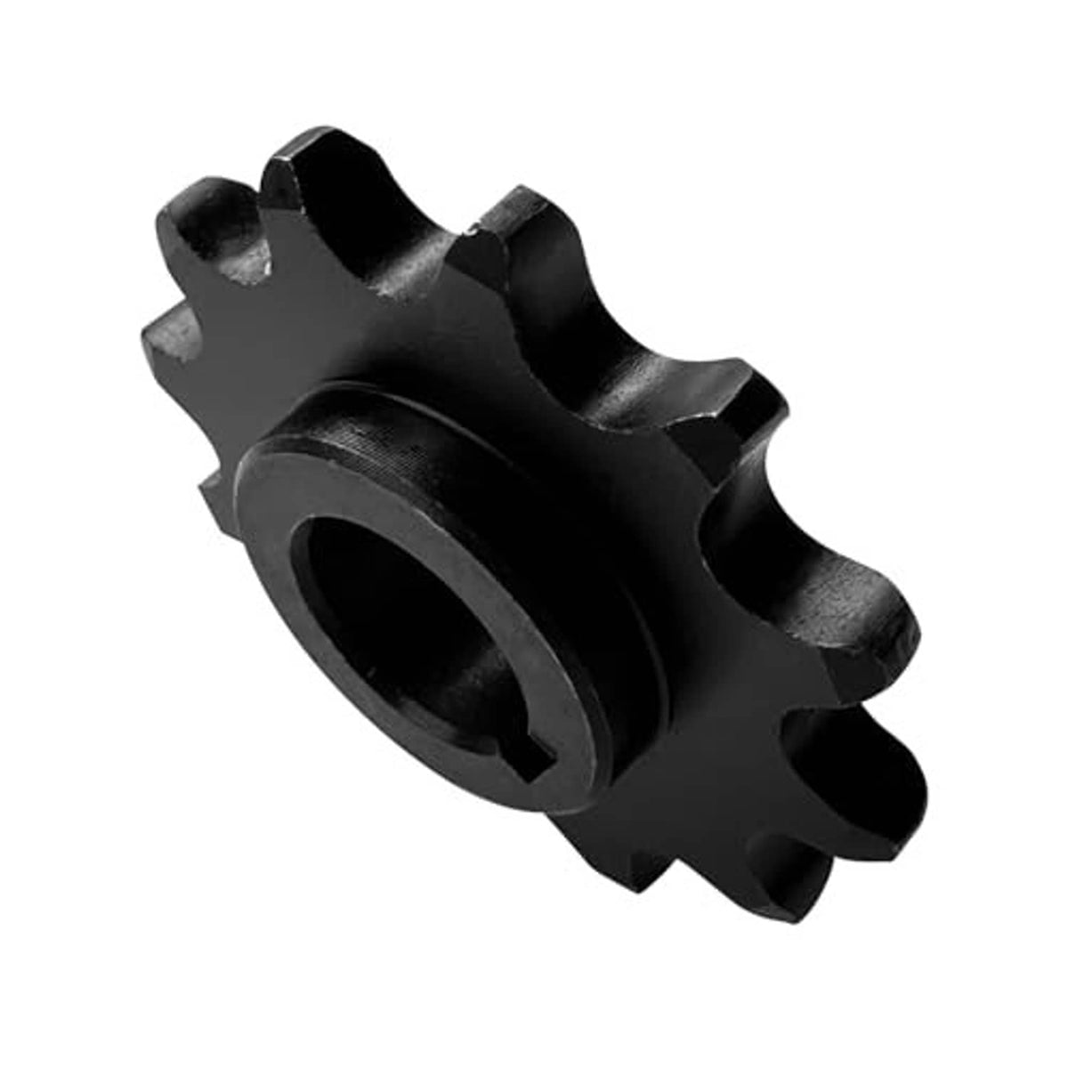 Black sprocket in side view with central bore and keyway tab