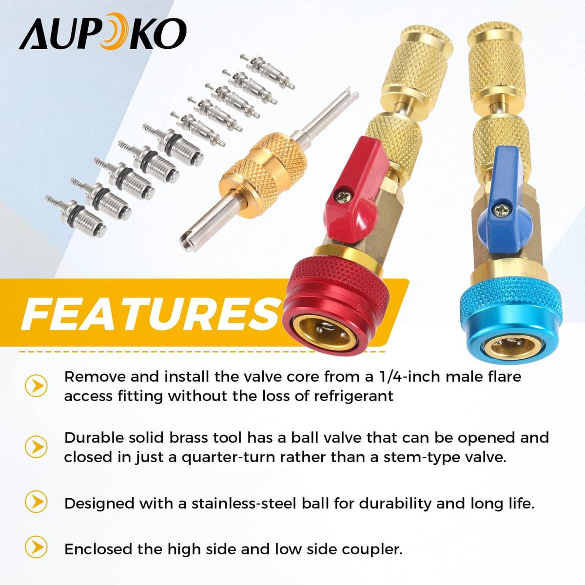 R134A valve core remover/installer kit with brass tools, couplers, and assorted fittings