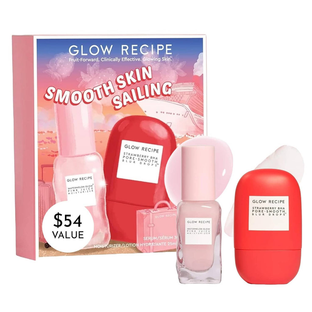 Skincare blur drops duo set with pink and red bottles and boxed packaging