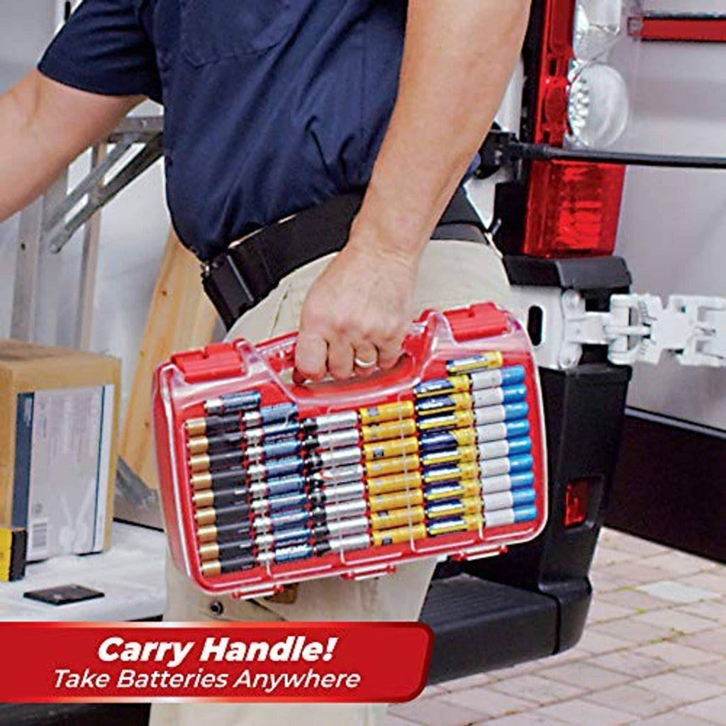 Red portable battery organizer case with carry handle, open compartments for batteries
