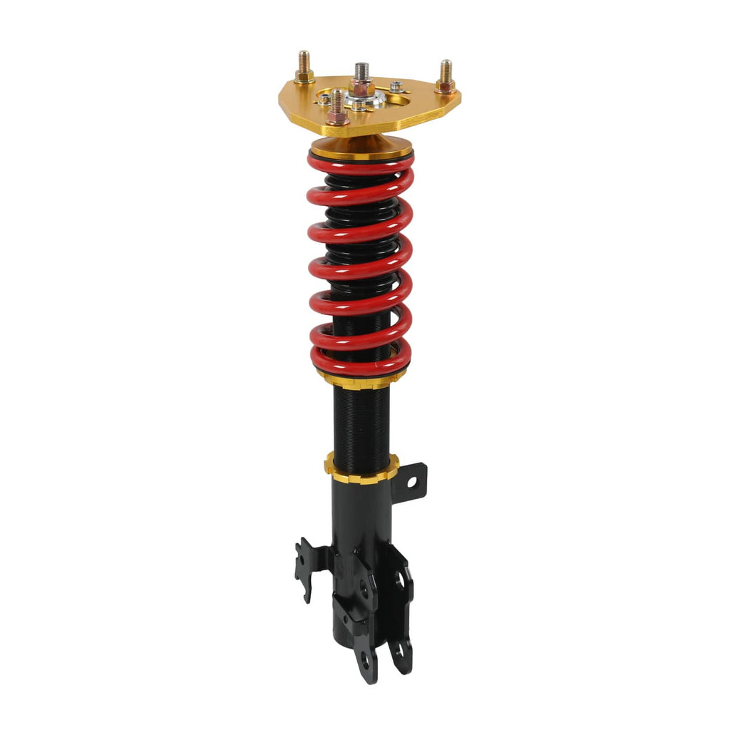 Single coilover strut with red coil spring, black body, and gold adjustable top mount