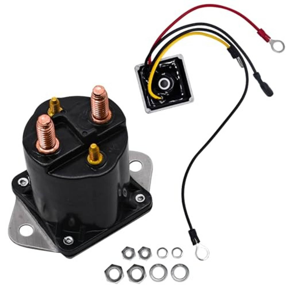 12V starter solenoid kit with wire harness, mounting plate, and included hardware