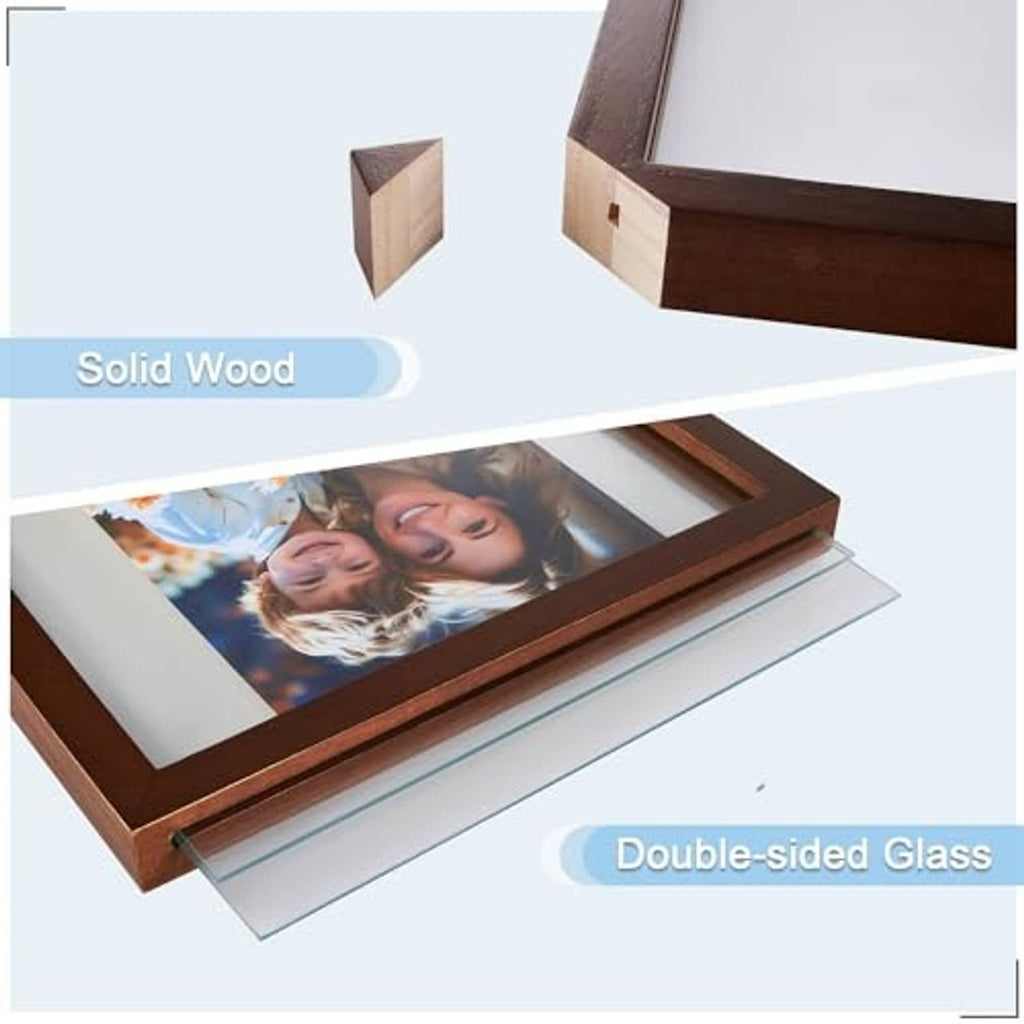Walnut floating photo frame showing photo insert and double-sided glass