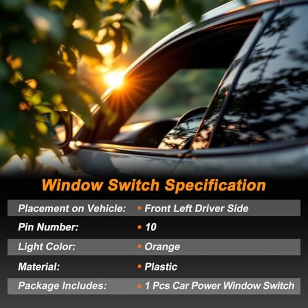 Blue car with window switch specification graphic overlay