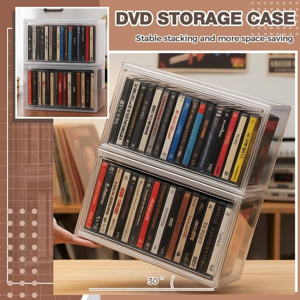 Clear acrylic DVD/CD storage case with transparent lid, disc spines visible inside