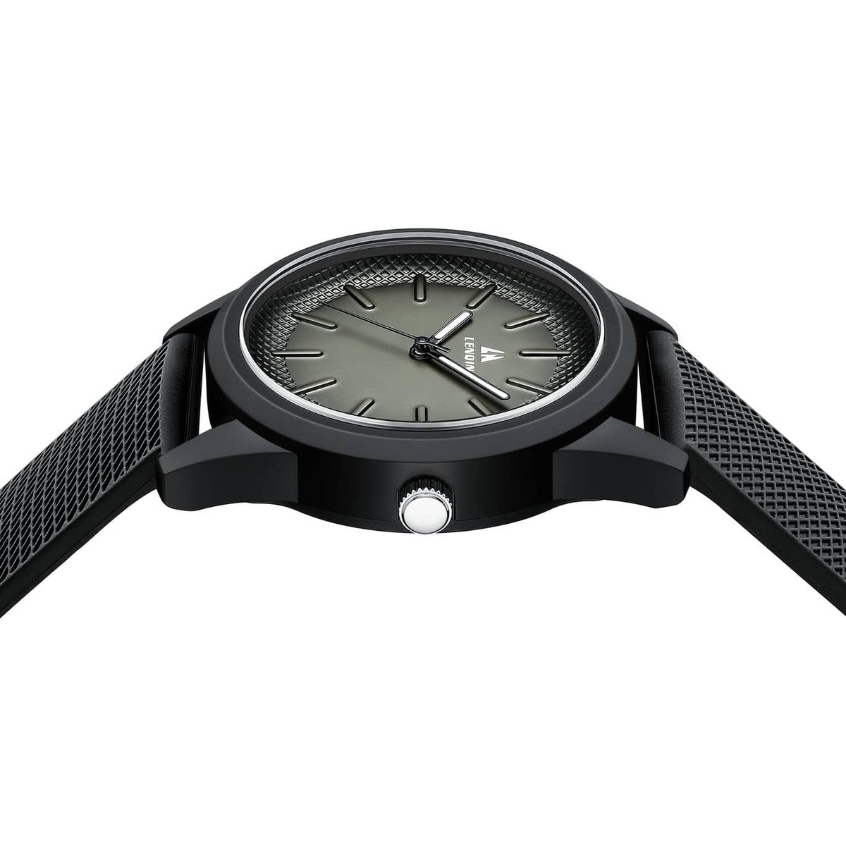 Black men's wristwatch with textured strap, close view of bezel and three-hand dial.