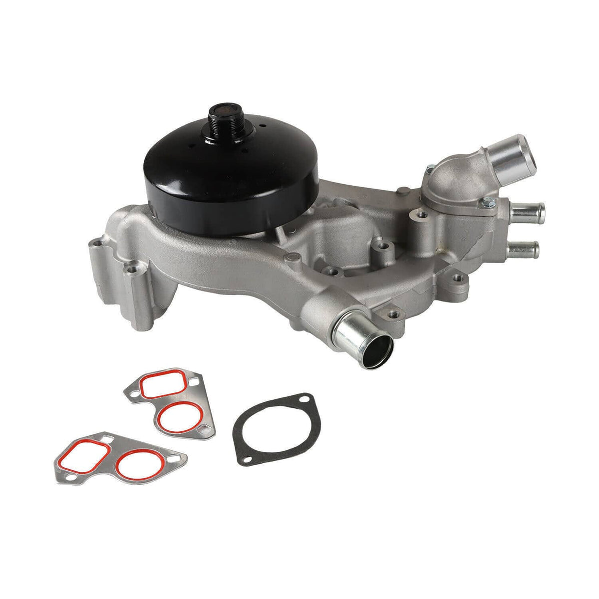 Water pump with thermostat, silver metal housing and black cap, with gaskets and seals