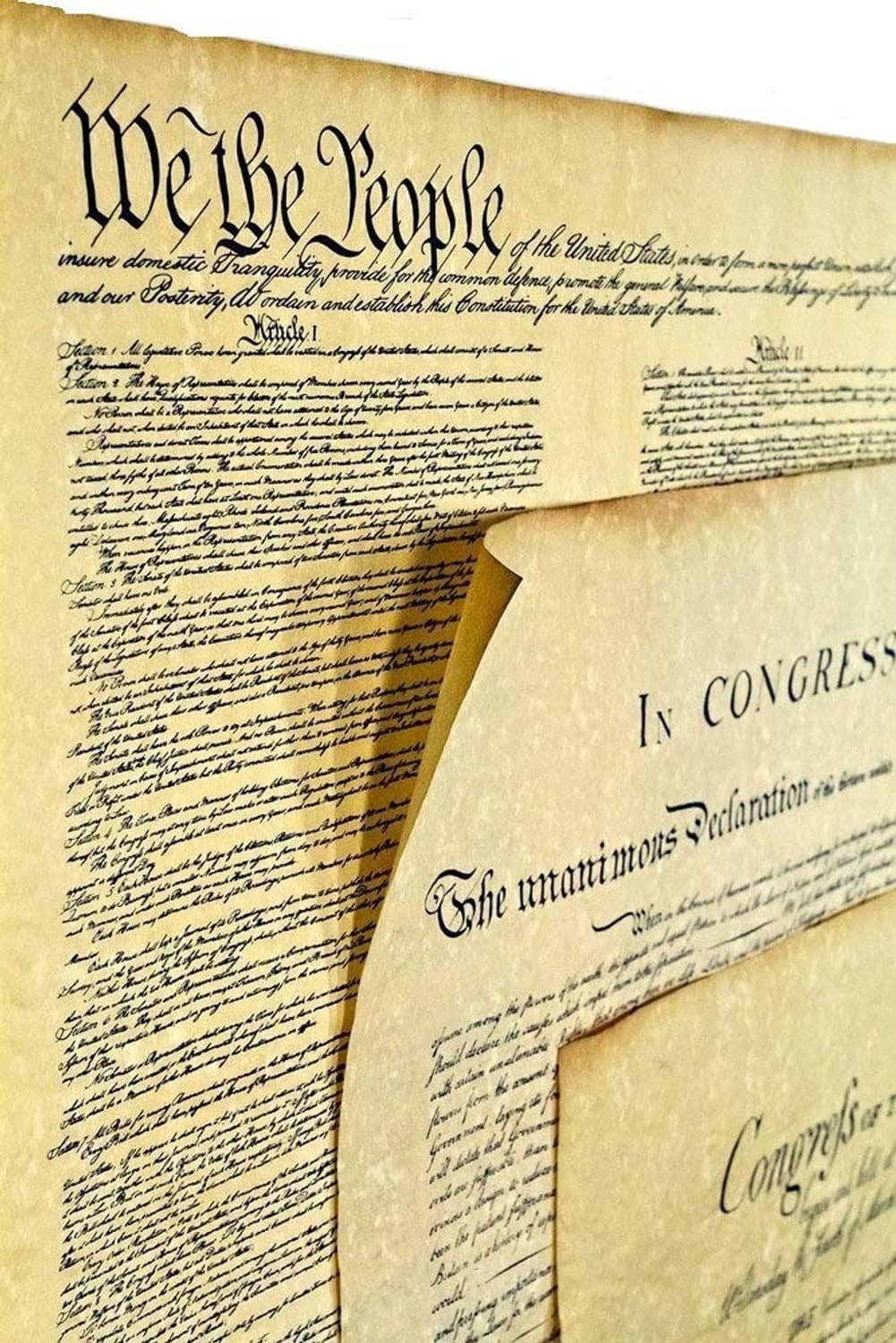 Three parchment-style printed documents with handwritten text, overlapping curled corners.
