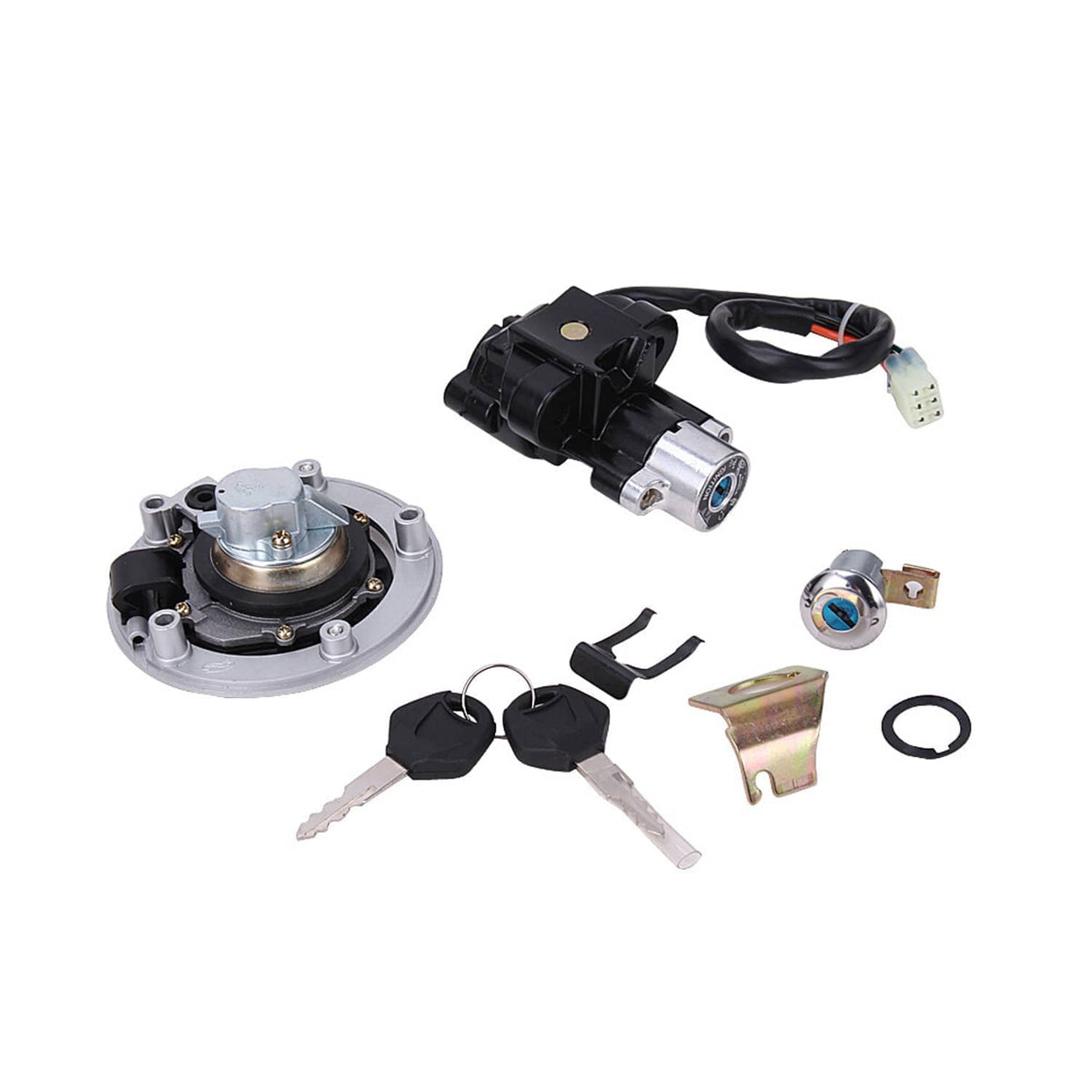 Fuel tank cap lock assembly with ignition cylinder, keys, bracket, and sealing ring