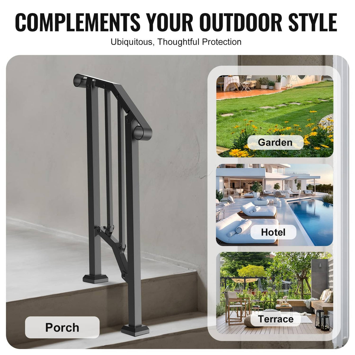 Black outdoor step handrail with rounded top rail and two side posts.