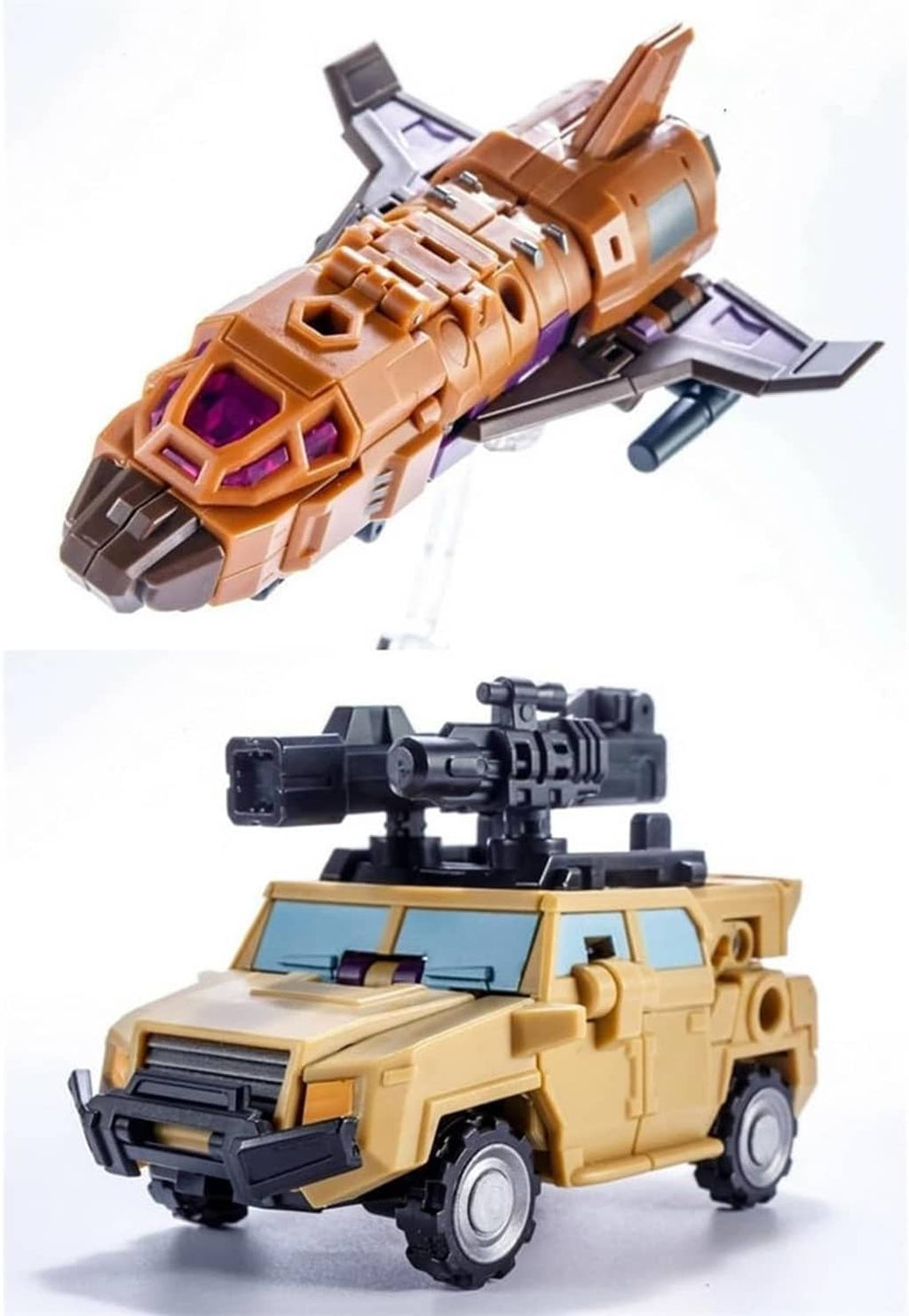 Robot model set with orange aircraft-like form and tan car-like vehicle with gun