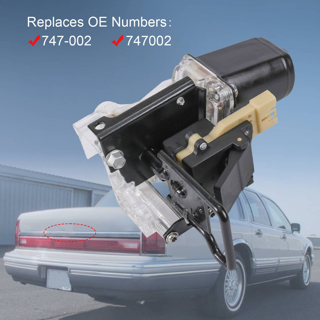 Rear trunk pull-down motor housing with switch, side view with mounting bracket