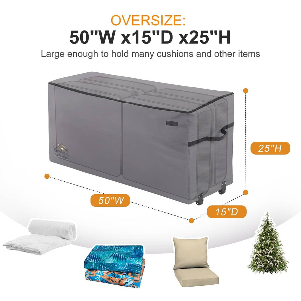 Oversized grey rolling cushion storage bag with wheels and padded top carrying handle.